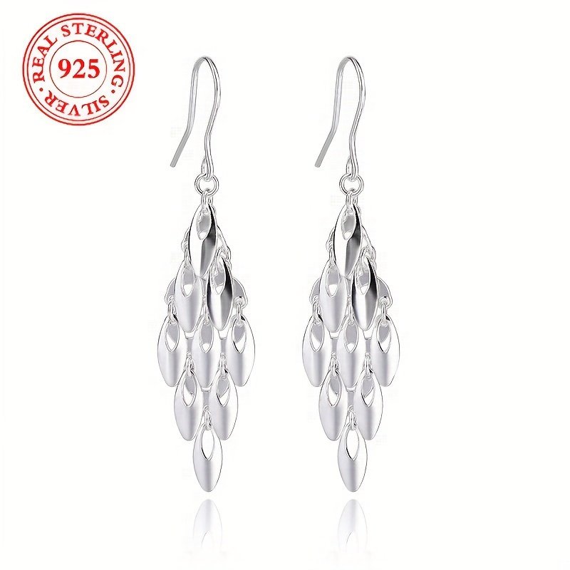 TEMU Elegant S925 Sterling Silver Long Fringe Pendant Earrings, Platinum-plated Glossy , Hypoallergenic - Lightweight 3.3g/0.116oz - Perfect For