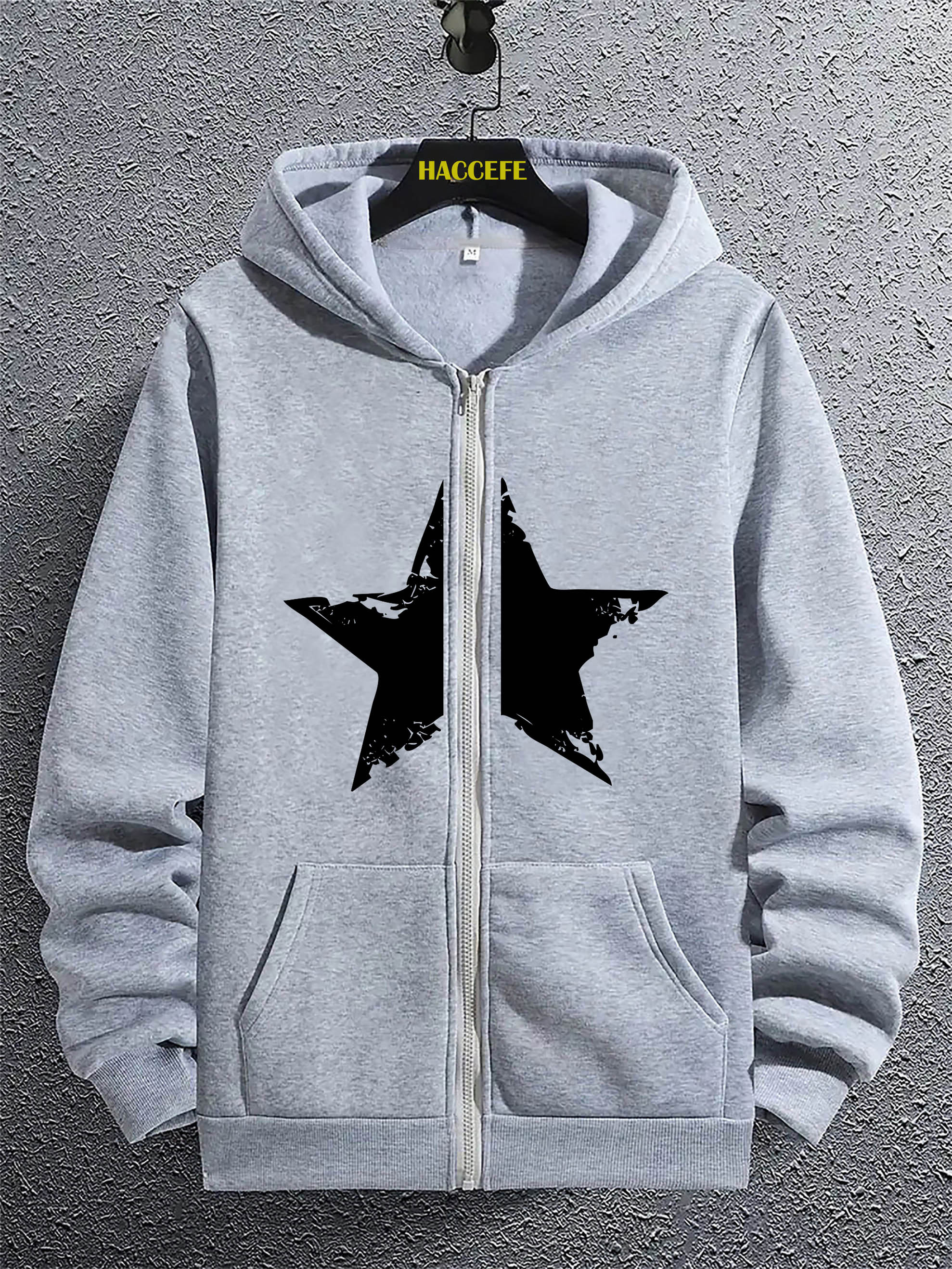 남성용 스타일리시한 녹색 후드티, 하얀 별 프린트 - 캐주얼 지퍼 풀오버, 폴리에스터 니트 재질, 정규 핏, 캐주얼 웨어 후드티 | 별 프린트 후드티 | 지퍼 후드티