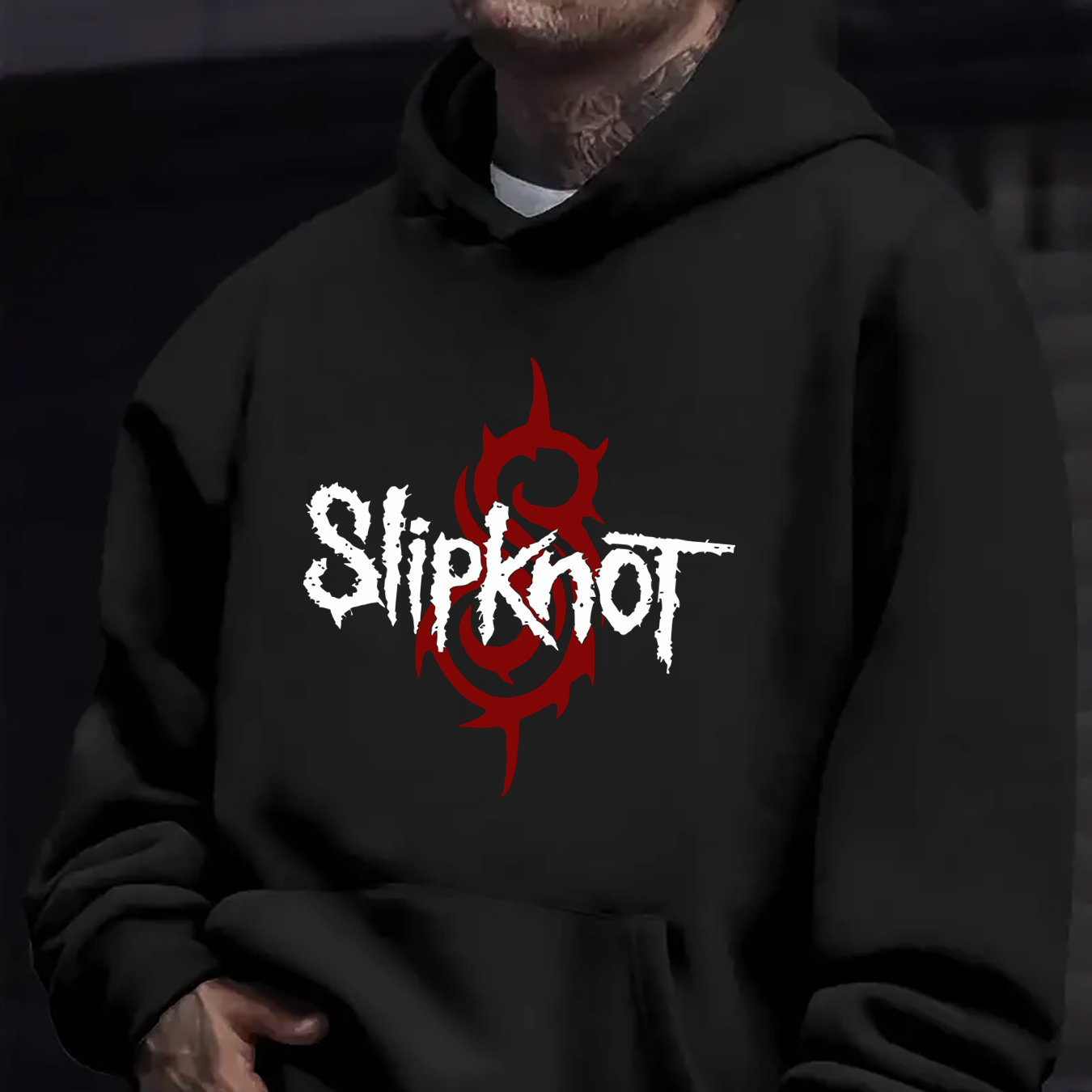 

Men' Printed Slipknot Logo Hoodie With Front Pocket - All Season Casual Knit Fabric Pullover With Loose Fit - 100% Polyester Hooded Sweatshirt With Slight Stretch