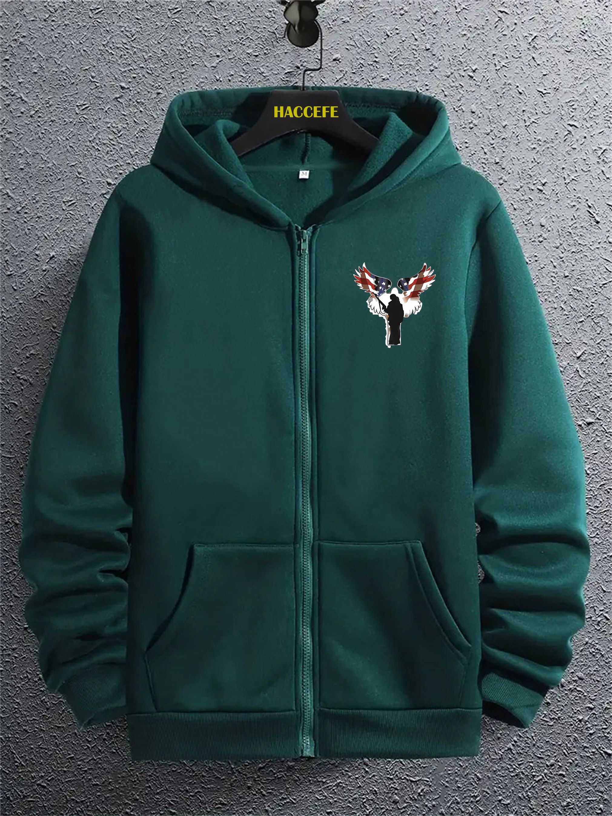 남성용 스타일리시 풀지퍼 후드티, 날개 깃발 프린트 - 블랙 캐주얼 폴리에스터 니트 스웨트셔츠 재킷, 200g/m², 세탁기 사용 가능, 트렌디한 디자인의 캐주얼 의상용 후디 | 트렌디한 깃발 디자인 | 기능적인 전면 포켓, 지퍼 업 후디