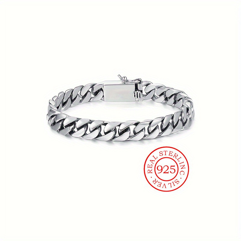 TEMU Luxurious Sterling Silver Cuban Chain Bracelet - Durable, Fashionable, And Jewelry Piece For Any Occasion - Retro-inspired, High-quality, And Long-lasting Accessory