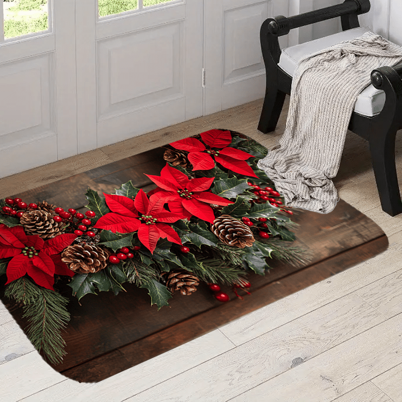 

Festive Floor Mat - Modern Christmas Decor With Wreath, Poinsettias & Holly On Rustic Wood Background - Machine Washable Polyester Rug For Home Decoration