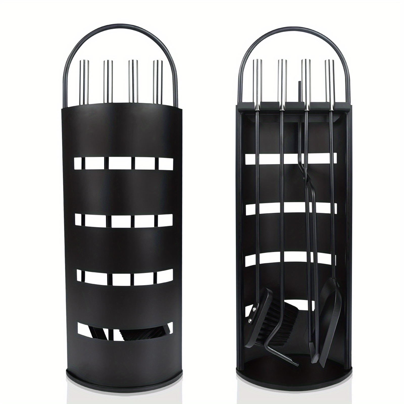 Modern 5pcs Stainless Steel Fireplace Tool Set - Includes Stand With Privacy Screen, Broom, Pliers, Log Tongs, And Ash Shovel