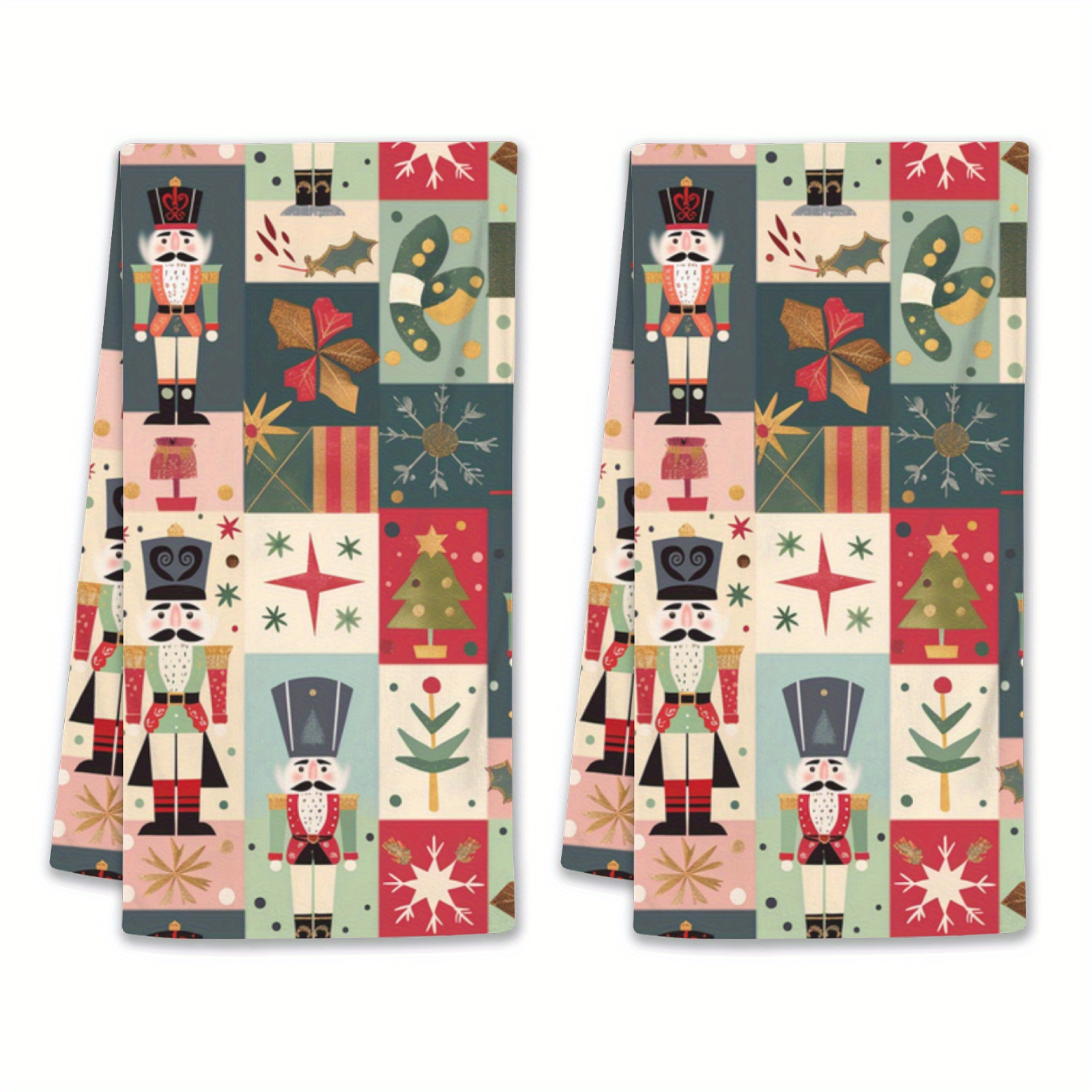 

2-pack Modern Christmas Kitchen Towels, Soft Non-woven Polyester, Cartoon Nutcracker & Holiday , Rectangular Absorbent Dish Towels For Home & Party Decor, Hand Wash Only