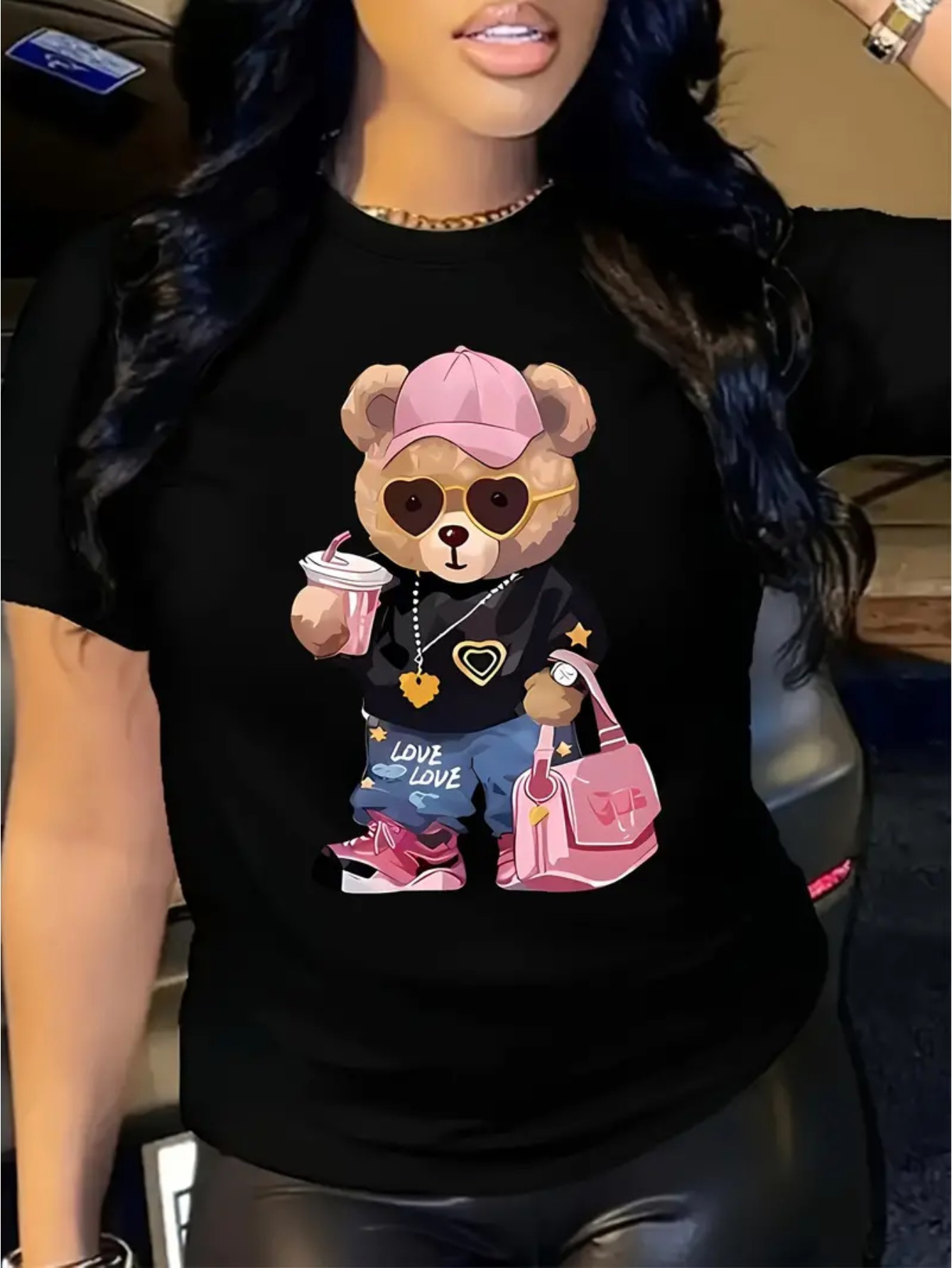 camiseta casual negra mujer oso dibujos animados Temu Ecuador
