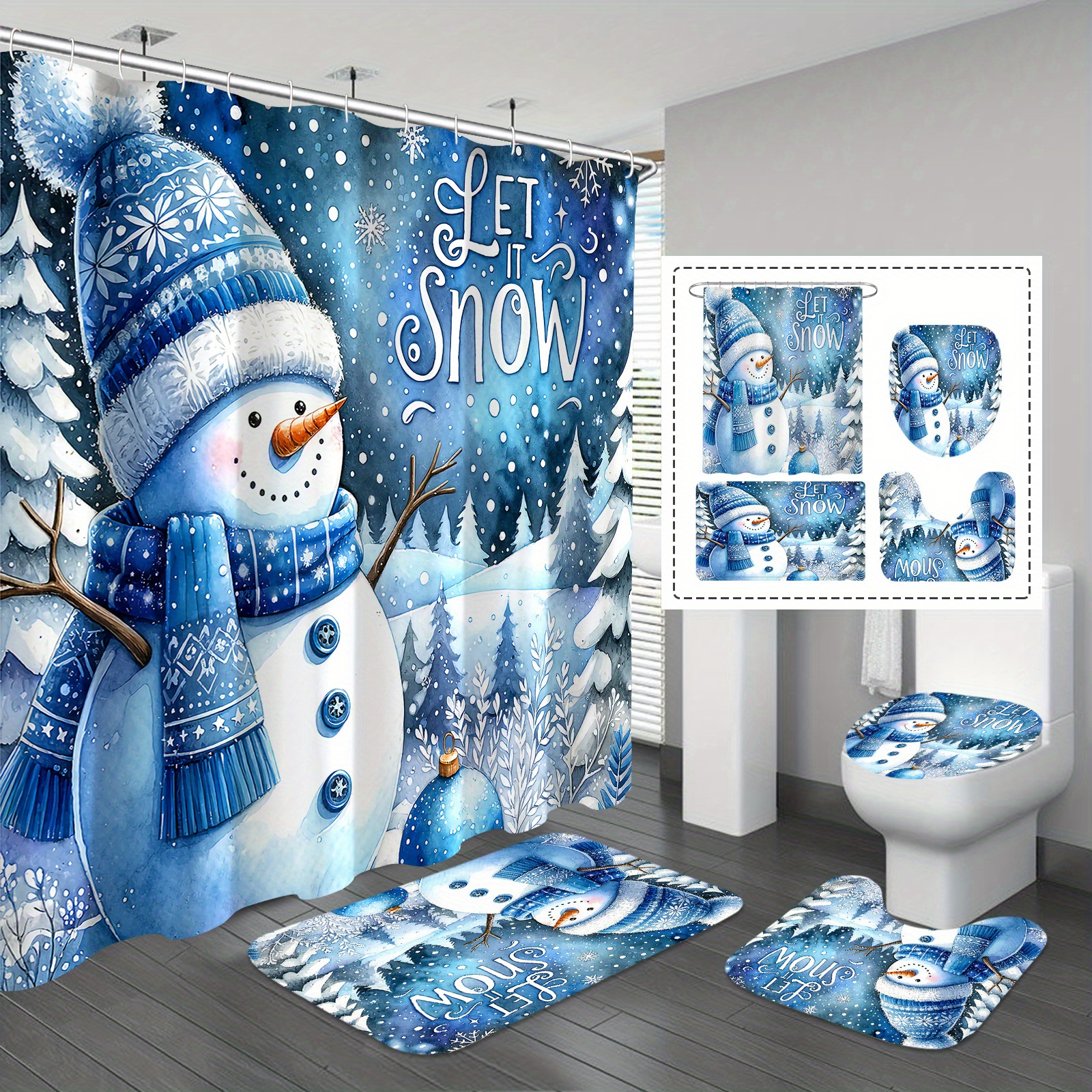 

1/4 Set Christmas Decoration Snowman Curtain Set, Curtain 12 , Bathroom Rug, U-shaped Mat, Mat, Bathroom Decoration, Bathroom Curtain Set, Bathroom Accessories