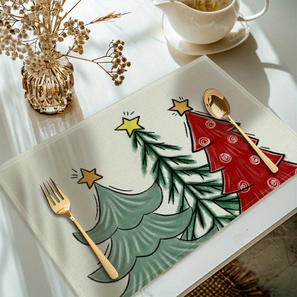 

4-pack Christmas Tree Placemats, Polyester Table Mats, Rectangular Washable Kitchen Dining Decor, Machine Washable,