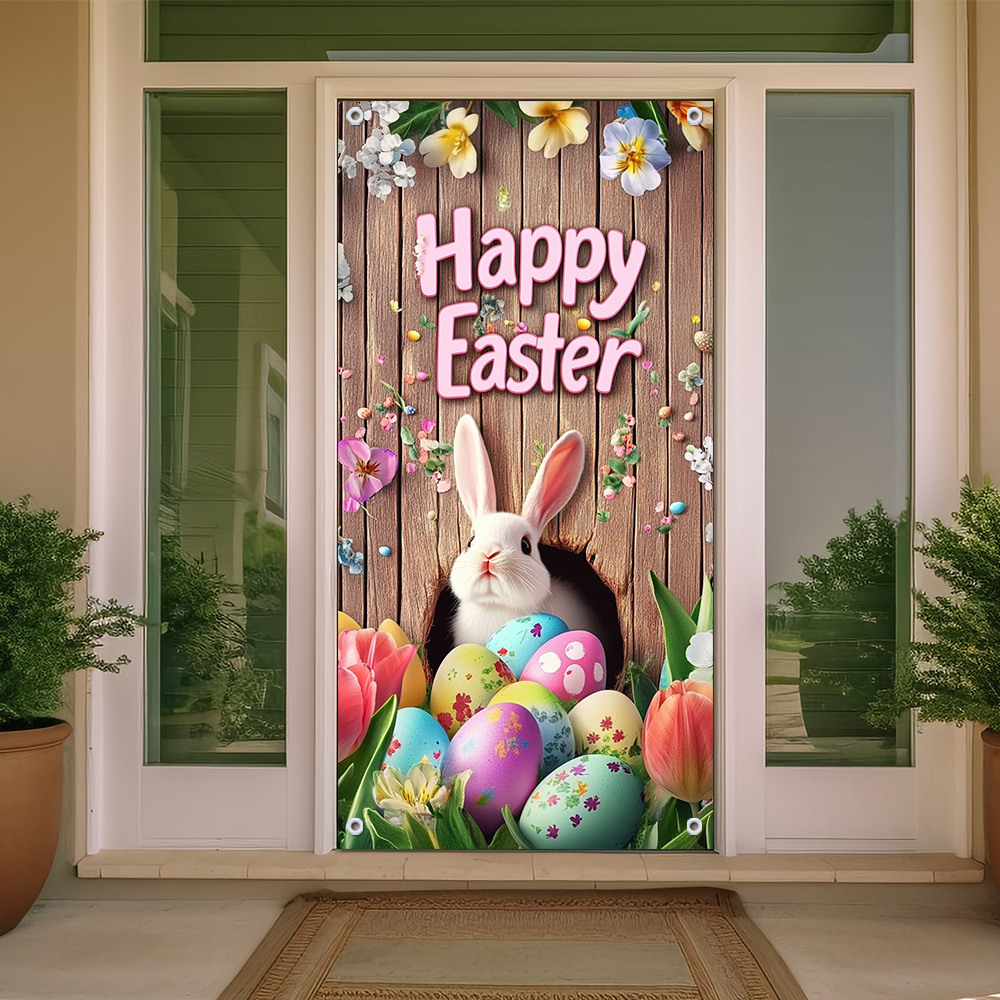 

2d Door Banner Bunny Door Cover Banner - Large Polyester Accessory, Holiday Wedding Garden Flag, Outdoor Decor, No Power Required, Winter Decoration