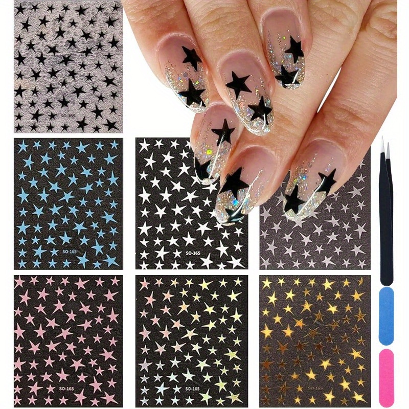 

14pcs Stickers Golden Silvery White Black Art Stickers 3d Self-adhesive Stickers Design With 2 Nail Files + Nail Clippers Women's Nail Decoration Nail Supplies