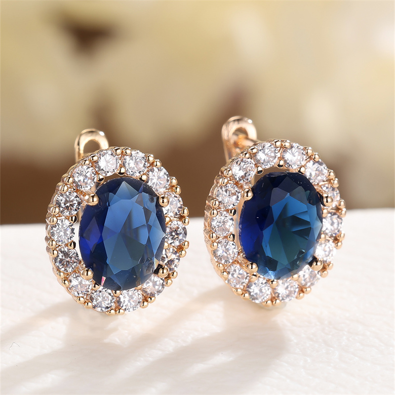 Image of 1 Pair Golden Color Oval Cut Blue Stone Drop Earrings For Women Full Vintage Fine Jewelry For Pretend Play, Perfect For Winter, New Year