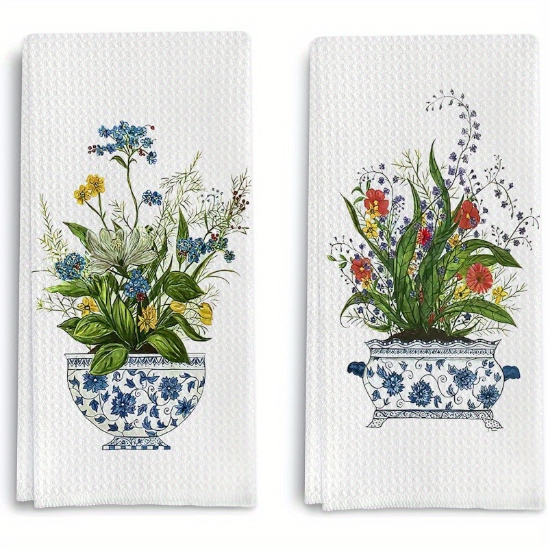 

2-pack Woven Polyester Kitchen Towels - 18 X 26 Inch Modern Cartoon-themed Floral Dish Cloths, Super Soft Vintage Chinese Style Waffle Weave Hand Towels, Machine Washable Tea Towel Set