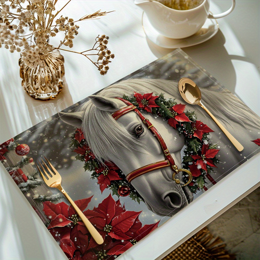 

4-pack Christmas Horse Placemats, Polyester Table Mats, Rectangular Washable Kitchen Dining Decor, Machine Washable,