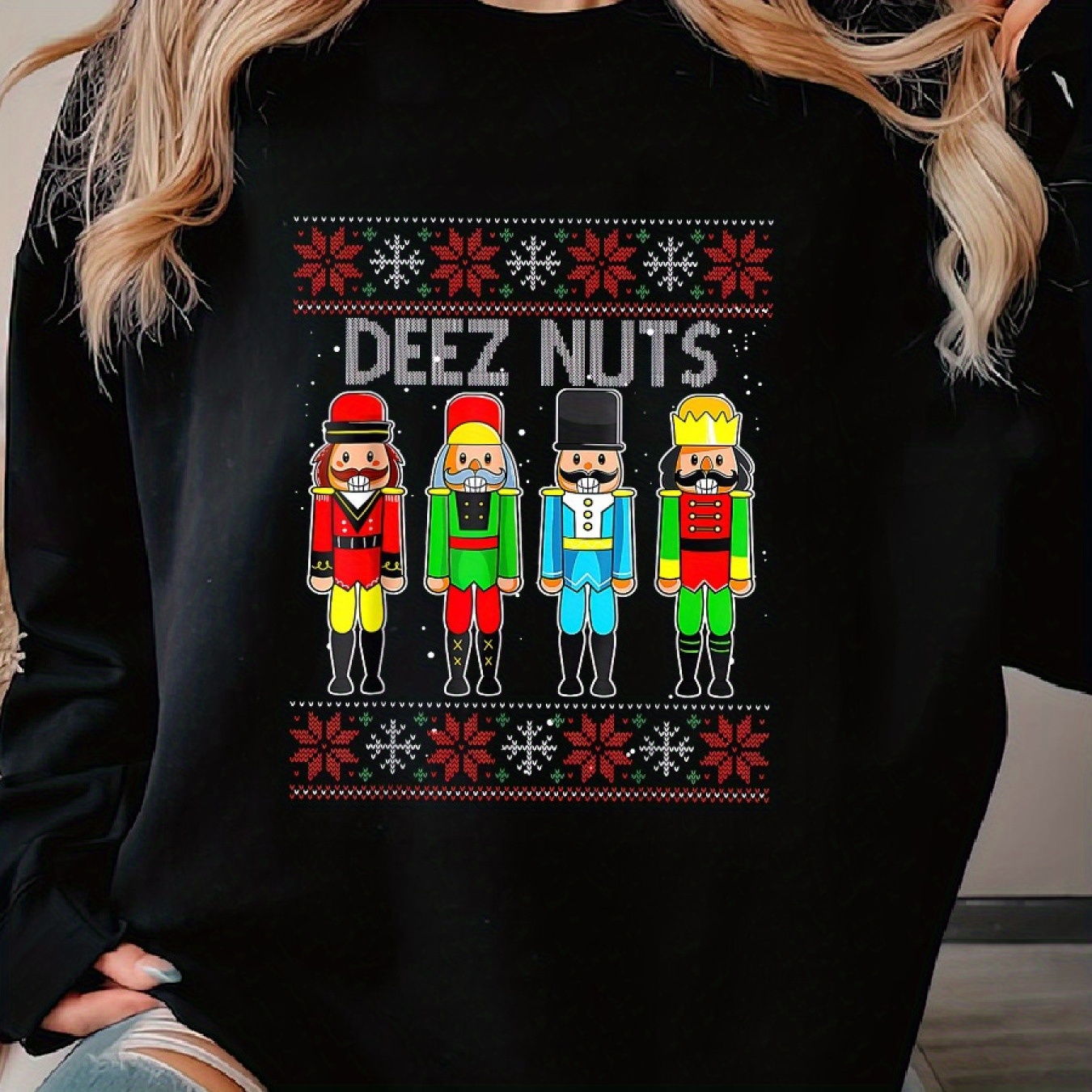 

Nuts Nutcracker Funny Woman's Cozy Pullover Sweater, Casual Long Sleeve Crew Neck Sweater For Sports