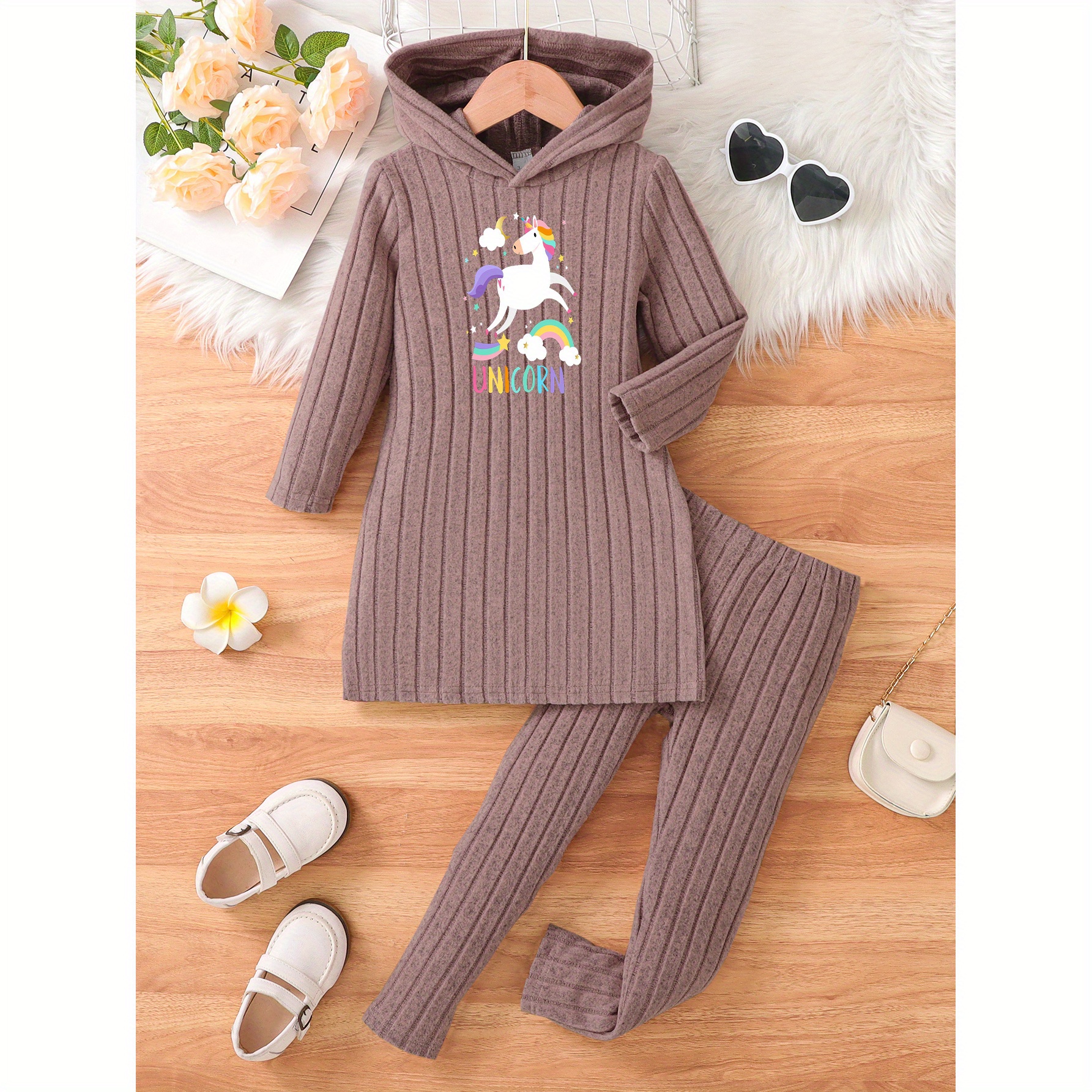 

Girls' Autumn And Winter Lightweight Casual Cartoon Unicorn Print Knitted Ribbed Hooded Dress & Casual Slimming Pants Set, Outdoor