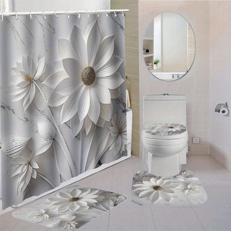 

Water-resistant Floral Bathroom Ensemble - 1pc/4pcs Set With 12 Hooks, Non-slip Bath Mats, Toilet Lid Cover, And Polyester Window , Woven Decor With Water-repellent