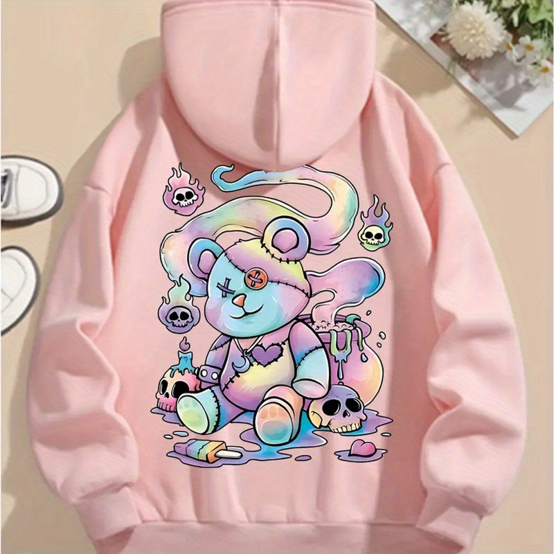

Cartoon Bear Hoodie Sweatshirt - Casual Polyester Hooded Pullover With Drawstring, Unisex-adult, Fall/winter Knit Fabric, Large Size