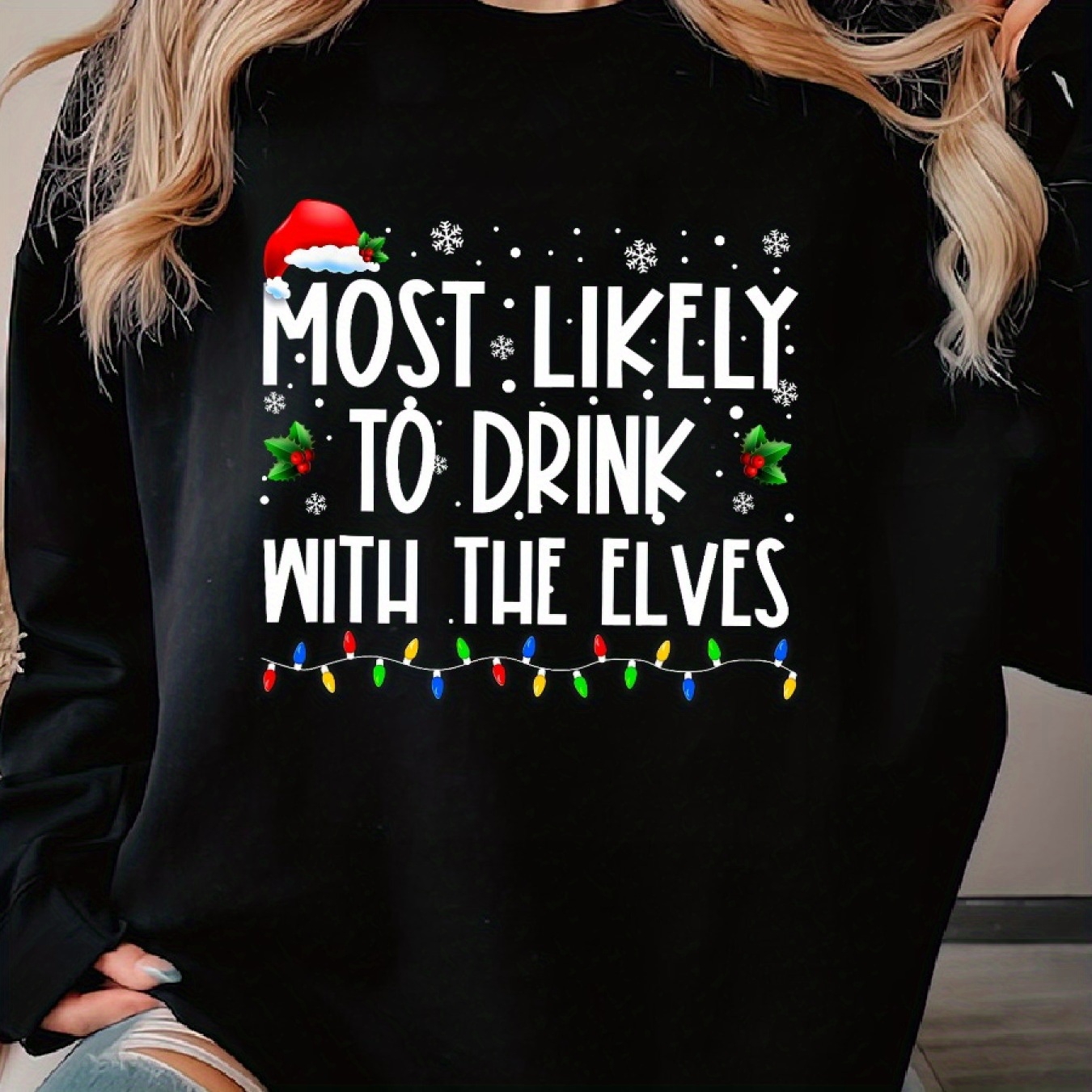 

Most To Drink With Elf Drinking Christmas Woman's Cozy Pullover Sweater, Casual Long Sleeve Crew Neck Sweater For Sports