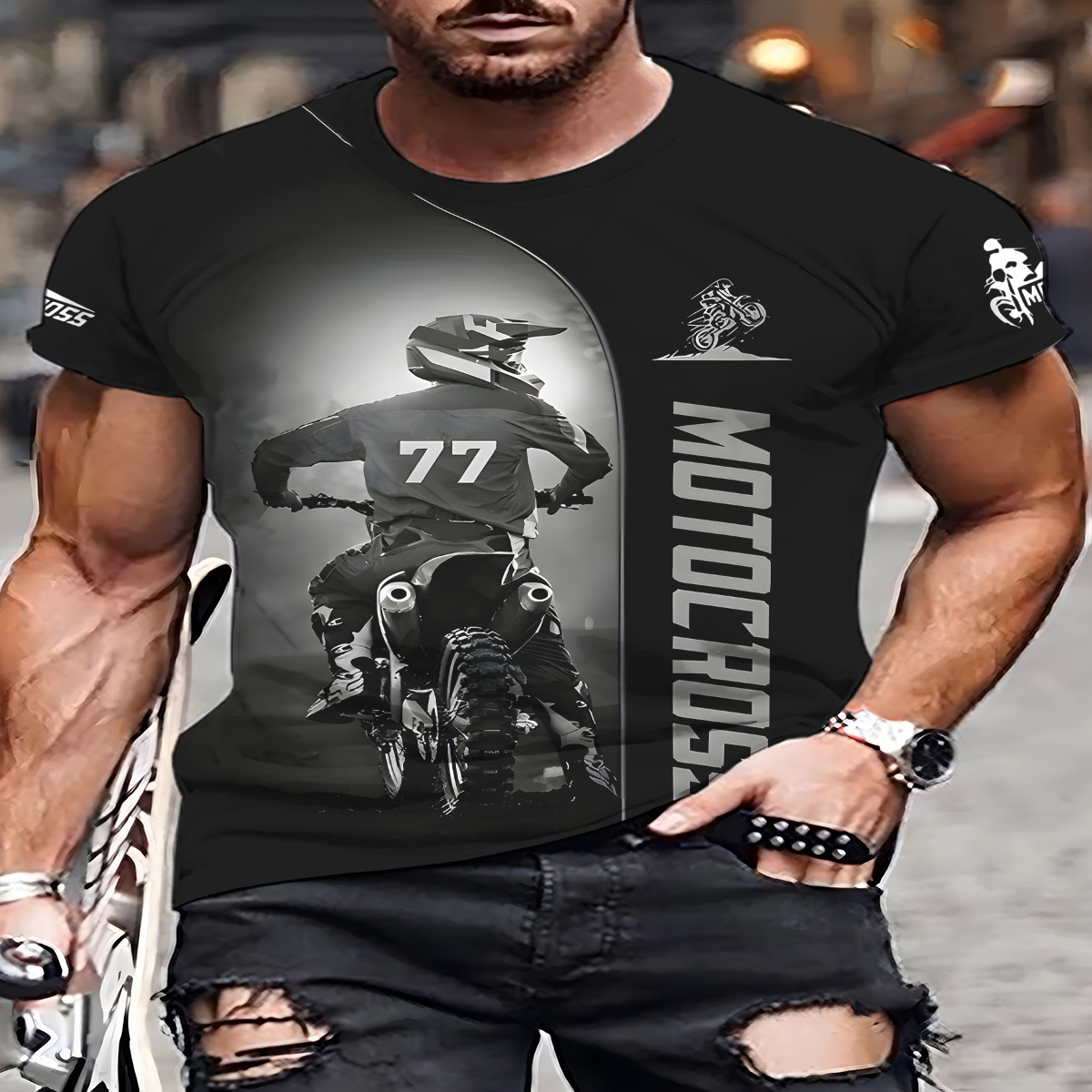 

Men's 'motocross' Print Short Sleeve Crew Neck T-shirt, Casual Stylish Tee As Gift