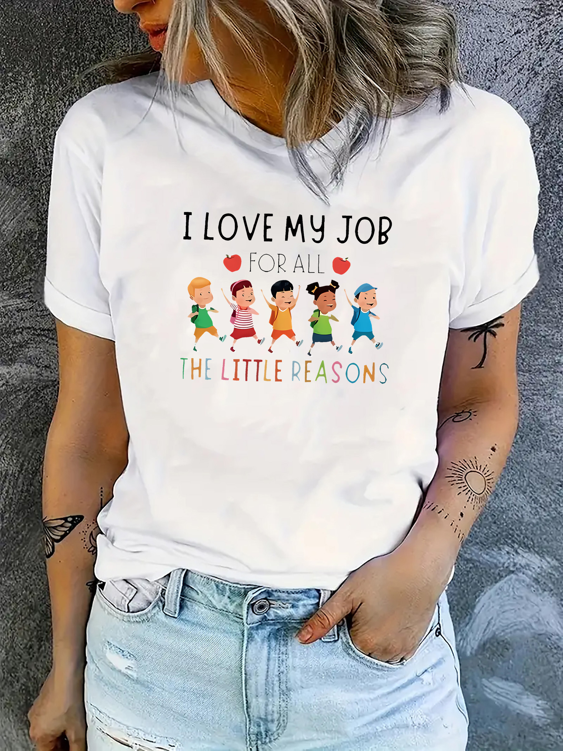 Women s Casual Short Sleeve T-Shirt - Colorful I     Graphic Print with s & Hearts,   Round Neck Tee, Machine Washable     for Teachers, Educators, Caregivers,  ,  , Stretchy Material, Print Shirt, Stylish Women
