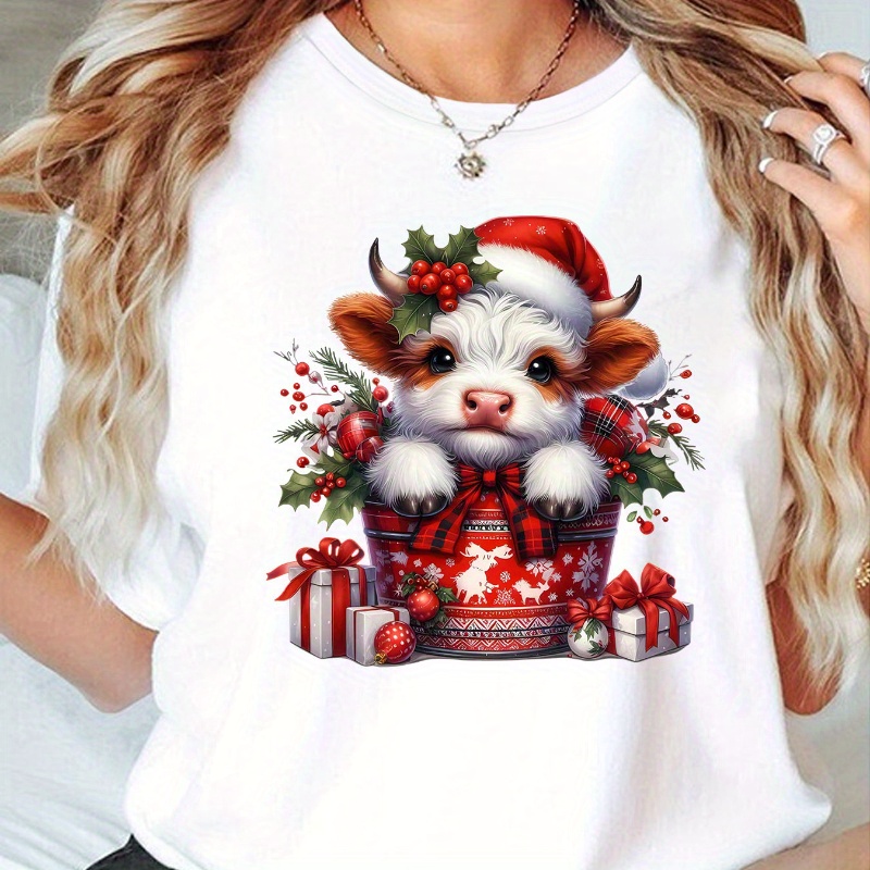 

Christmas Cow Sports T-shirt, Short Sleeve Crew Neck Comfortable Top, Women's Clothing