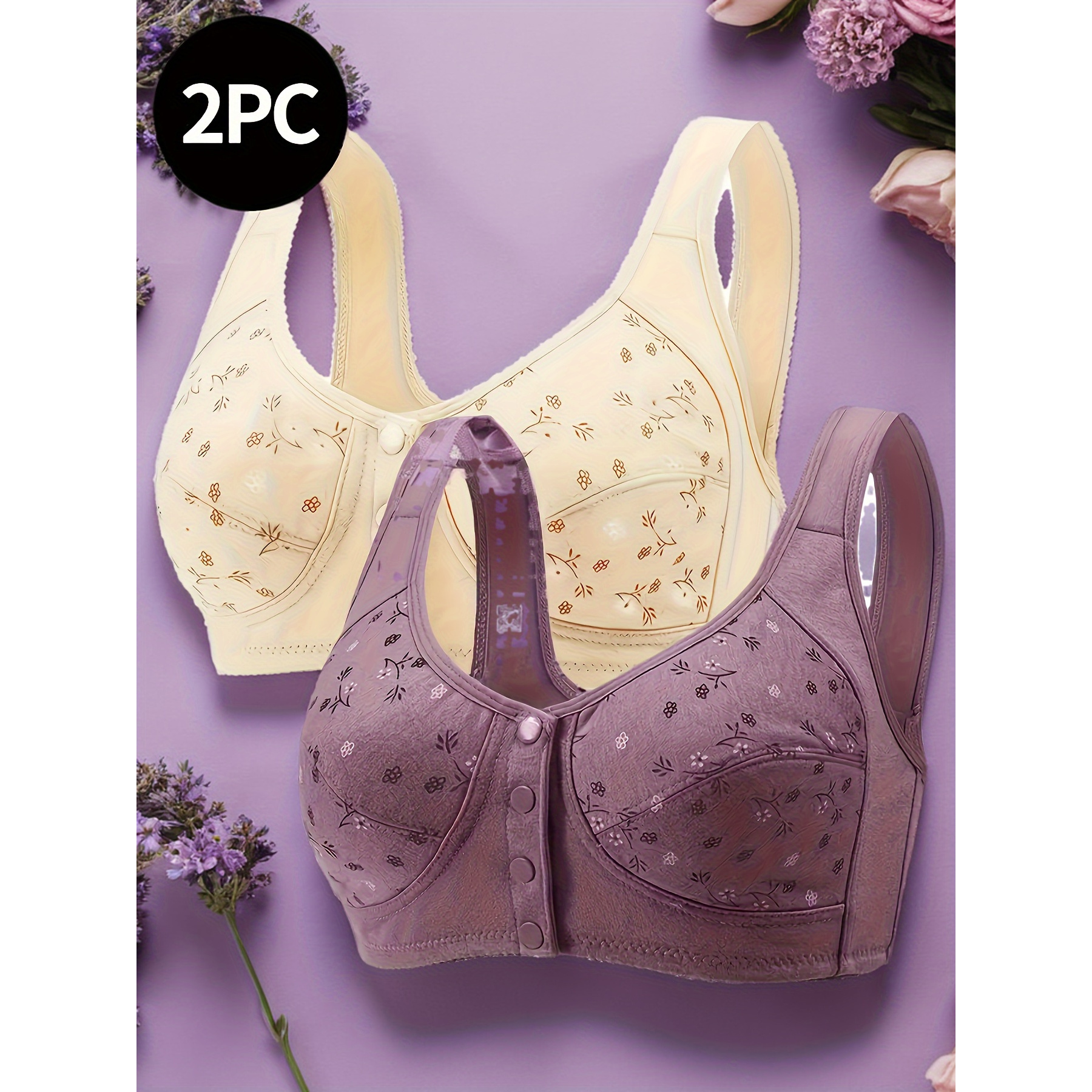 

Large Women's Elegant Bra Two-piece Set, Front Button Floral Print Full Coverage Wireless, Of The