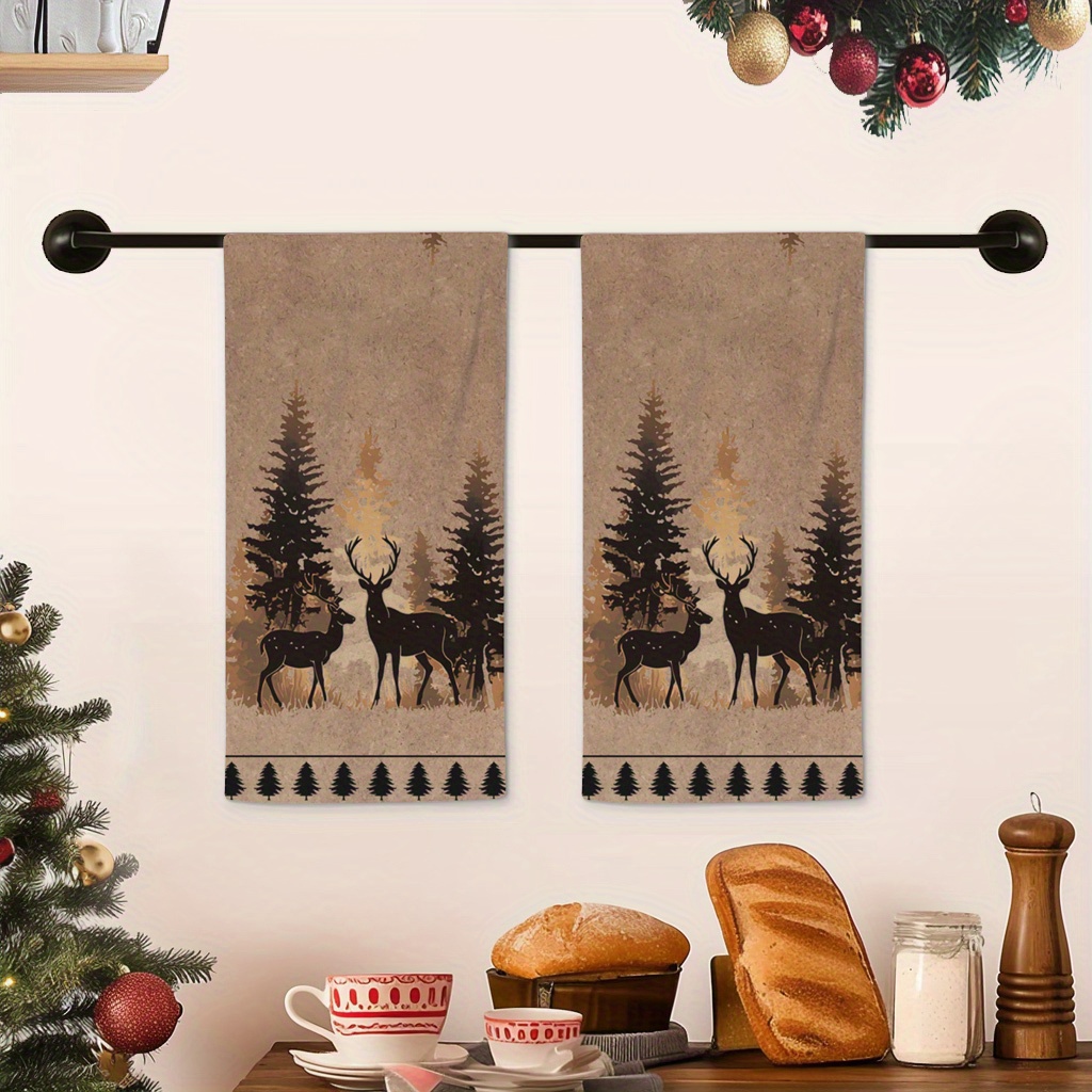 

2-pack Super Soft Polyester Dish Towels, Modern Non-woven Cartoon Deer & , Hand Wash Only, Absorbent Winter Kitchen Bathroom Towels, Christmas Decorative Fawn Silhouette Towels For Holiday