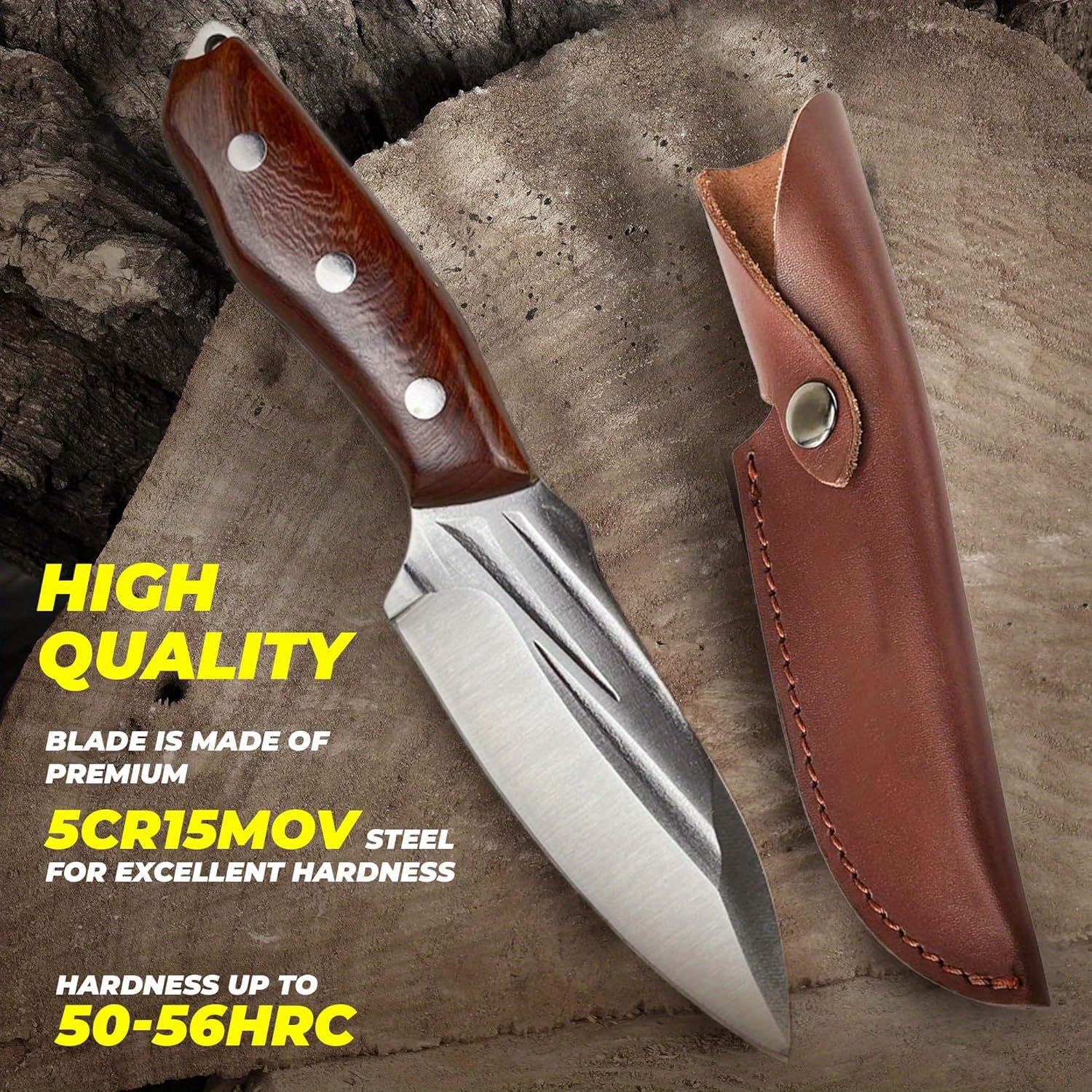 TEMU Knife Wood And Sheath For Camping, Outdoor Hunting, Tactical, And Edc