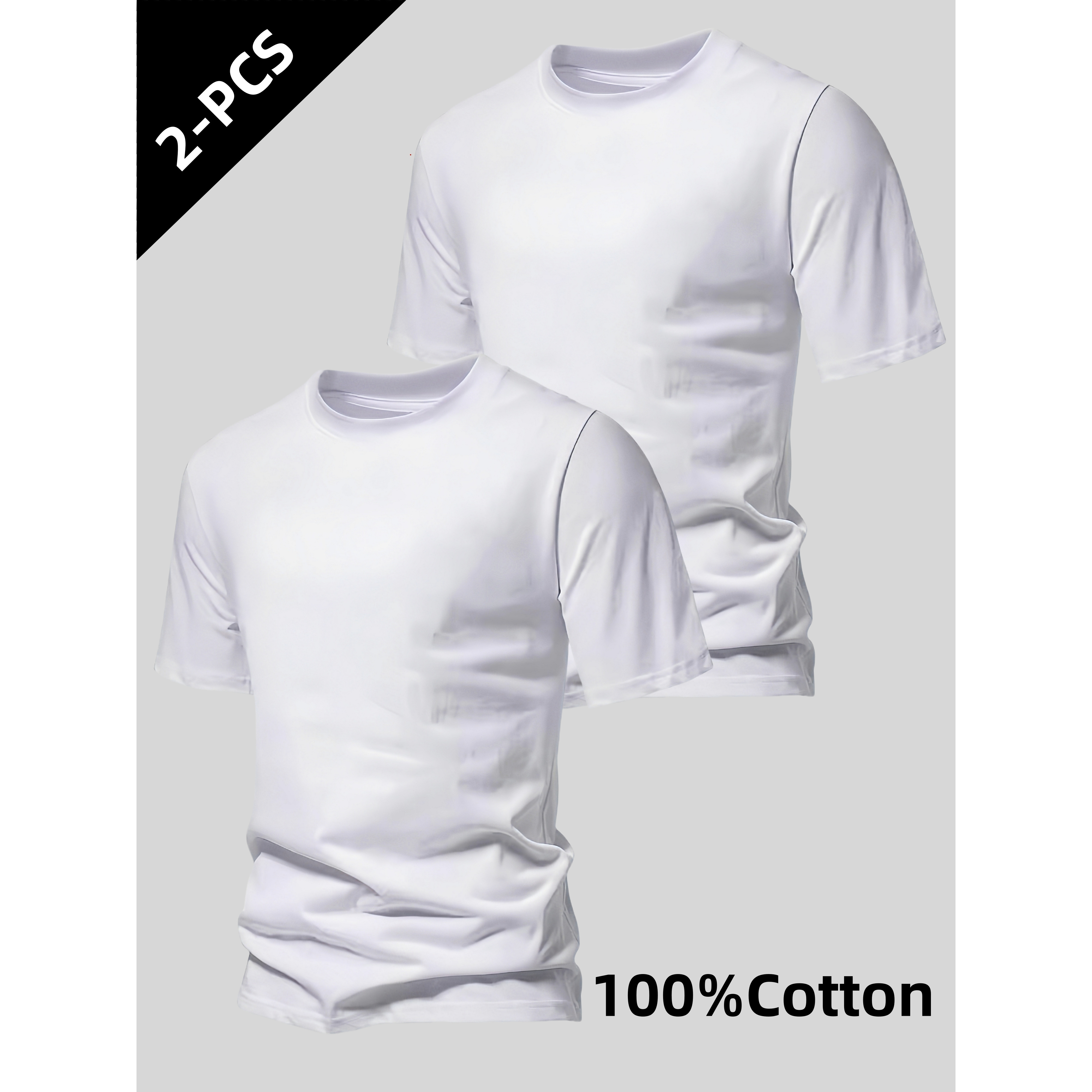 

Men's 100% Cotton T-shirts 2-pack - Casual Crew Neck Short Sleeve Solid Color Knit Tees For Teens, Tops