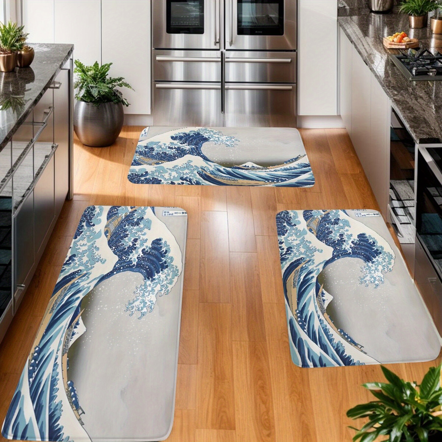 TEMU Great - Katsushika Inspired Kitchen & Bathroom Mat Set, Machine Washable Polyester Doormat And Entrance Rug For Home Decor, Christmas Decor