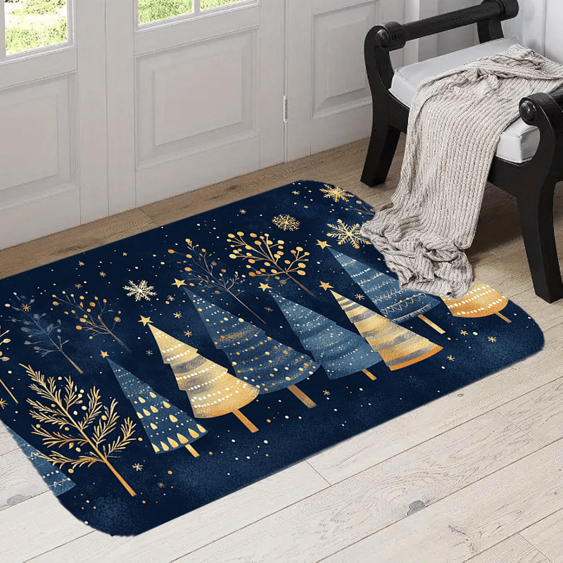 

Polyester Christmas Doormat - Festive Geometric Trees With Golden Accents On Navy - Machine Washable Decor Carpet - Snowflakes Design, Gifting (1pc)