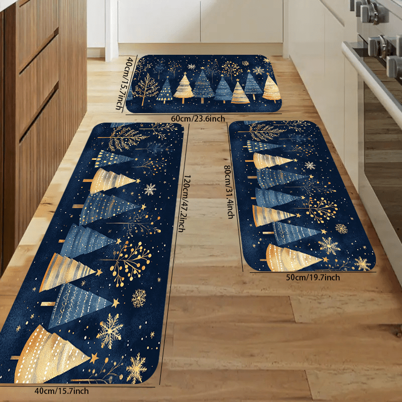 TEMU A Polyester Christmas Doormat - Featuring Festive Geometric Trees With Golden Decorations On A Navy - Machine Washable Decor Rug - Snowflake