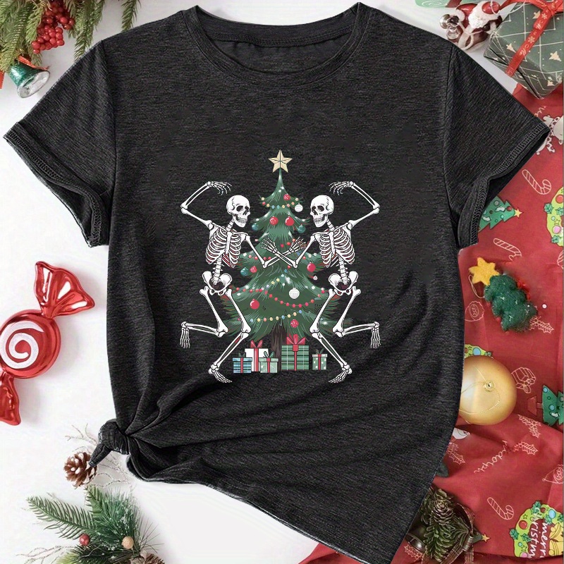 

Women's Festive Christmas Tree & Dancing Skeleton Print T-shirt - Casual Sporty Short Sleeve Top, Stretchy Polyester , Machine Washable