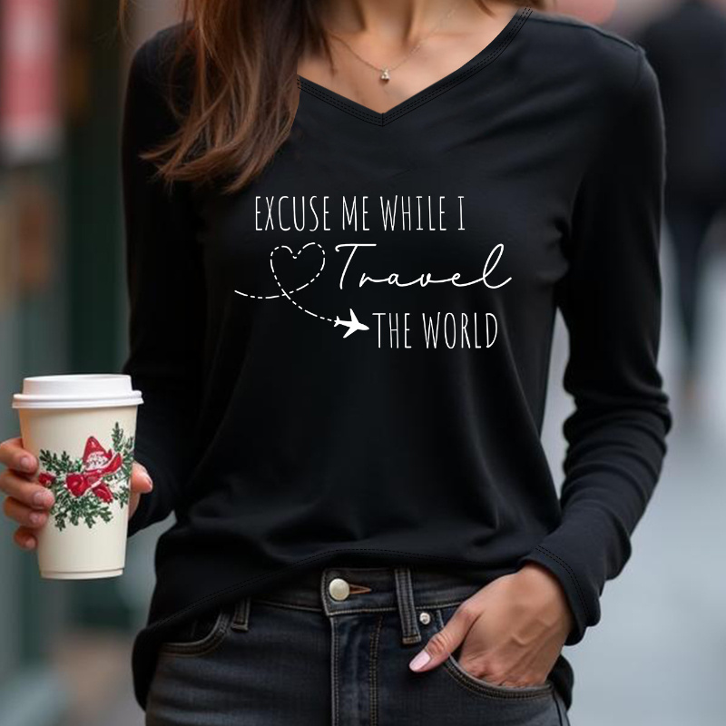 

Women's Casual V-neck Long Sleeve T-shirt, " Me While I " Print, Knitted Polyester Fabric, Stretchy, Autumn/winter Sporty Style, Black