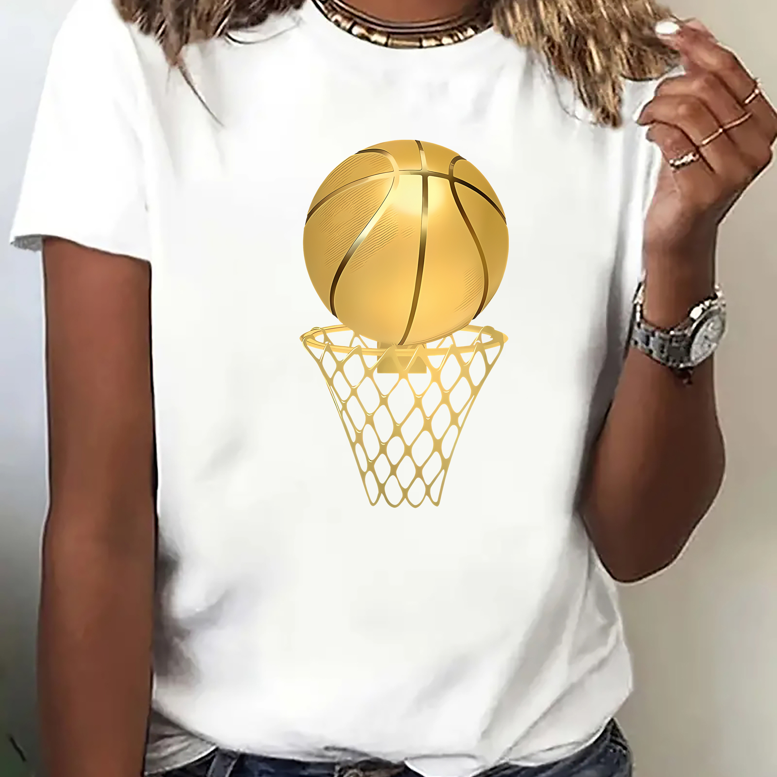 

With Basketball Pattern Round Neck Short Sleeve Loose Sports T-shirt, Women's Activewear