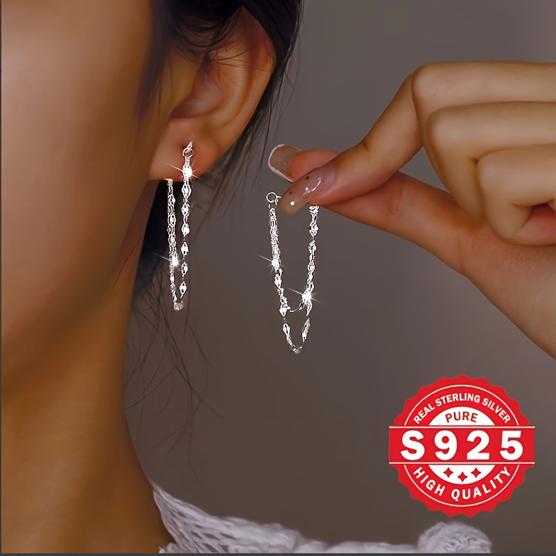 TEMU Boucles d'oreilles luxueuses de lèvre à double chaîne - hypoallergéniques, argent 925 sterling, durables, adaptées pour un usage ou comme cadeau