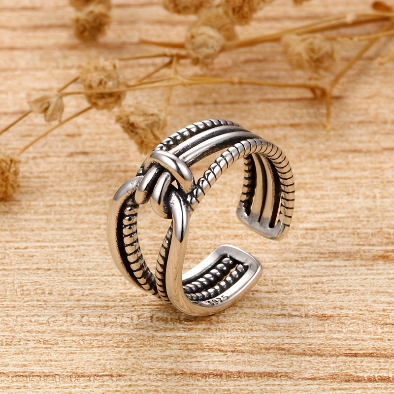 TEMU Exquisite 925 Sterling Silver Retro Knot Cuff Ring - Adjustable, High-quality, For Men And Women, Perfect For Daily Outfits, Special Occasions,