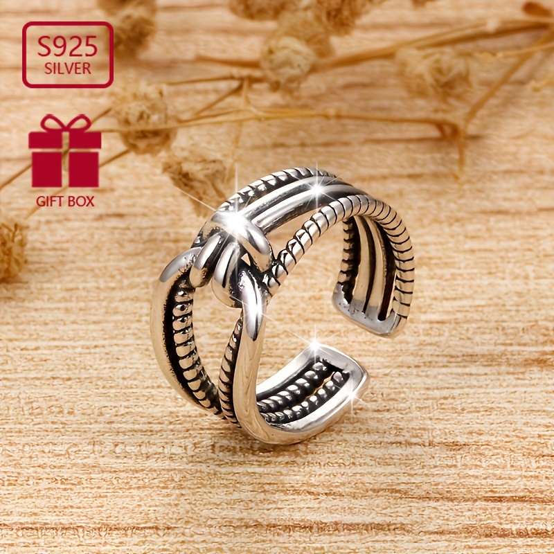 

925 Sterling Silver Retro Knot Cuff Ring - Adjustable, High-quality, For Men And Women, Daily Outfits, , And Gift