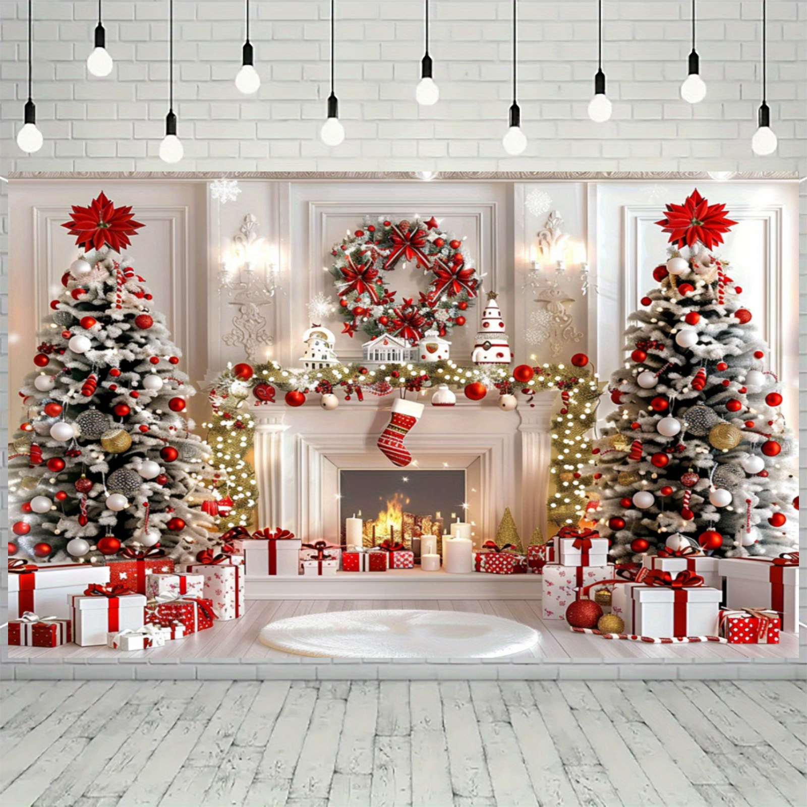 

Reusable Christmas Fireplace & Tree Photography Backdrop - White & Red, Family Holiday Parties, Santa Claus & Merry Christmas Banners, No Power Needed