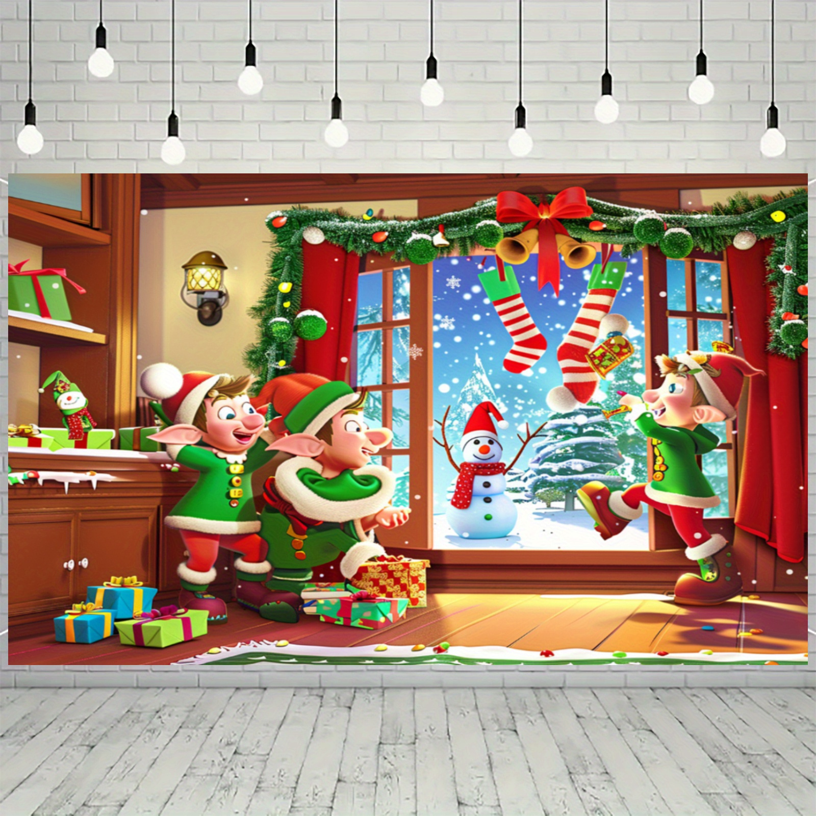 

Christmas Elf Polyester Backdrop - And Snowman, Reusable And Decor, No Needed, Universal