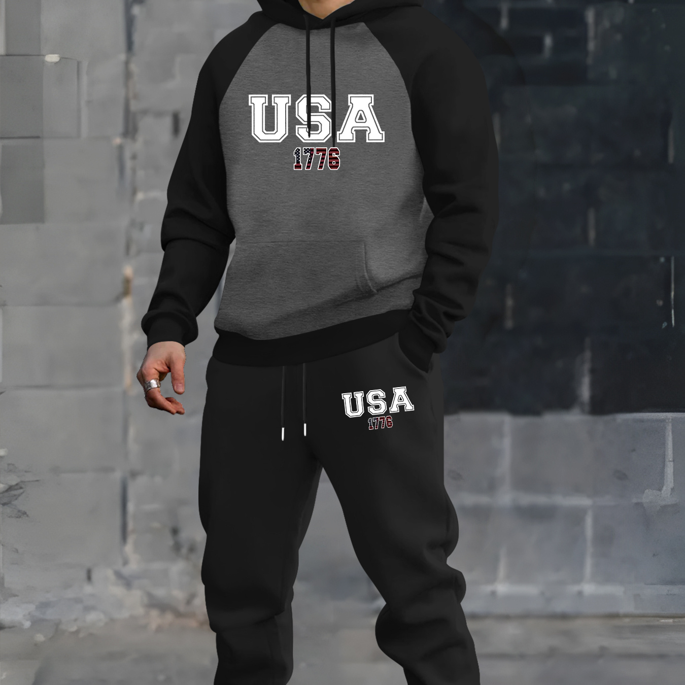 

Set, Usa Printed Raglan And , Double- Thickened Sweatshirt And Pants, Regular Fit, Polyester, Stretchy, Printed Pattern, /