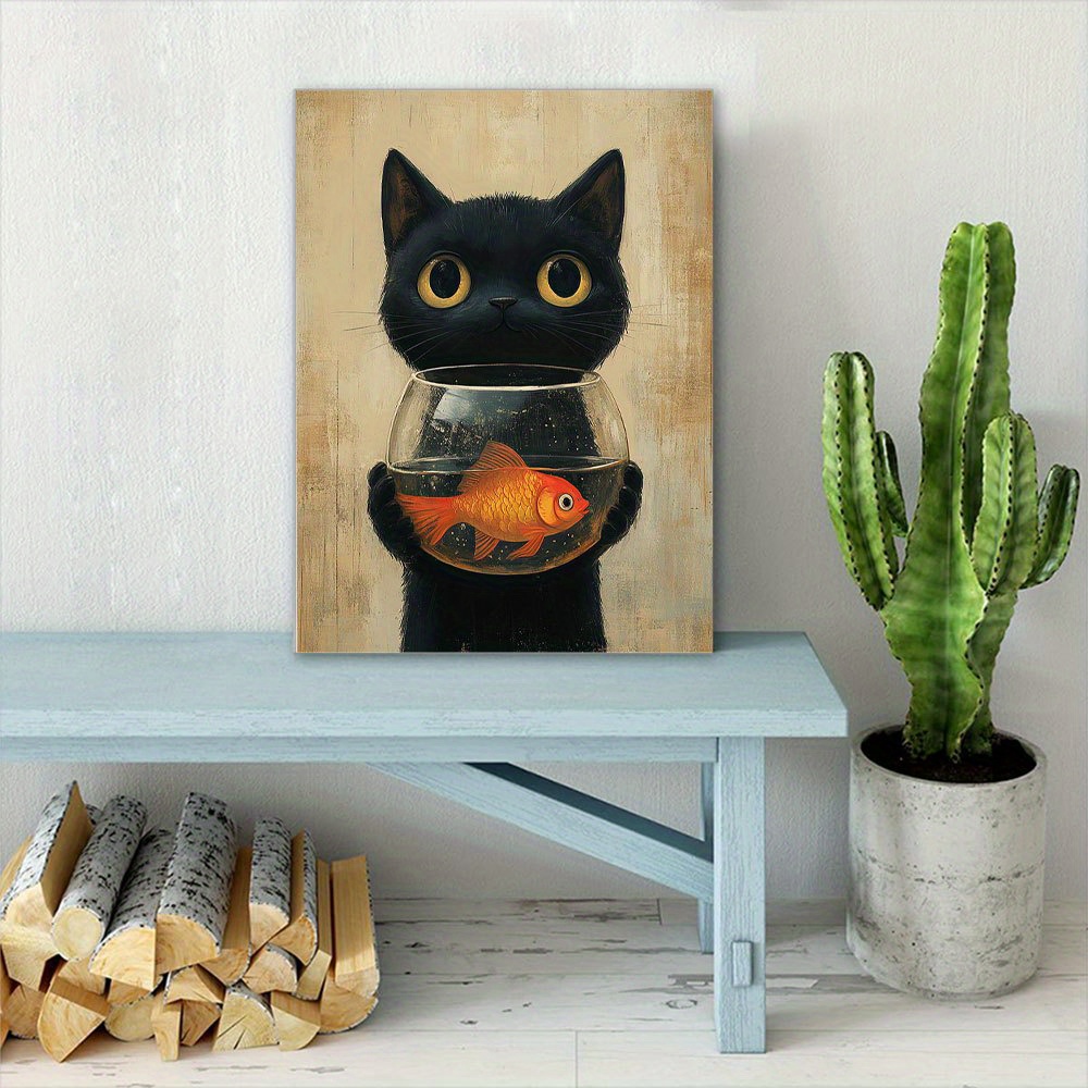 絵画。原画☆キャンバスF6【黒猫はプレゼントを持って花が咲く日を迎えに行く】 a90f86425e6c738d1451bda3f75427