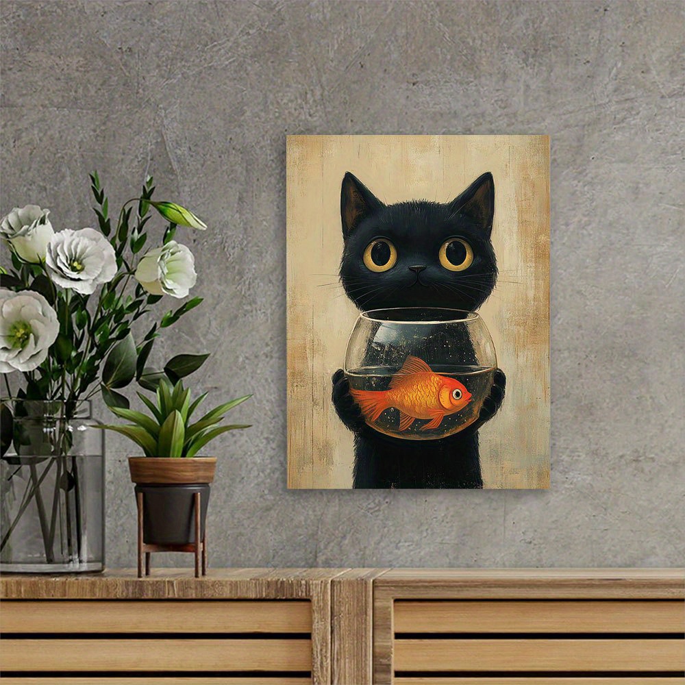 絵画。原画☆キャンバスF6【黒猫はプレゼントを持って花が咲く日を迎えに行く】 絵画。原画☆キャンバスF6【黒猫はプレゼントを持って花が咲く日