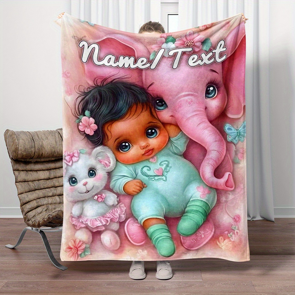 

Personalized Elephant & Girl Print Flannel Throw Blanket - Soft, Lightweight & Warm For Couch, Bed, Travel & Camping - Custom Name Option