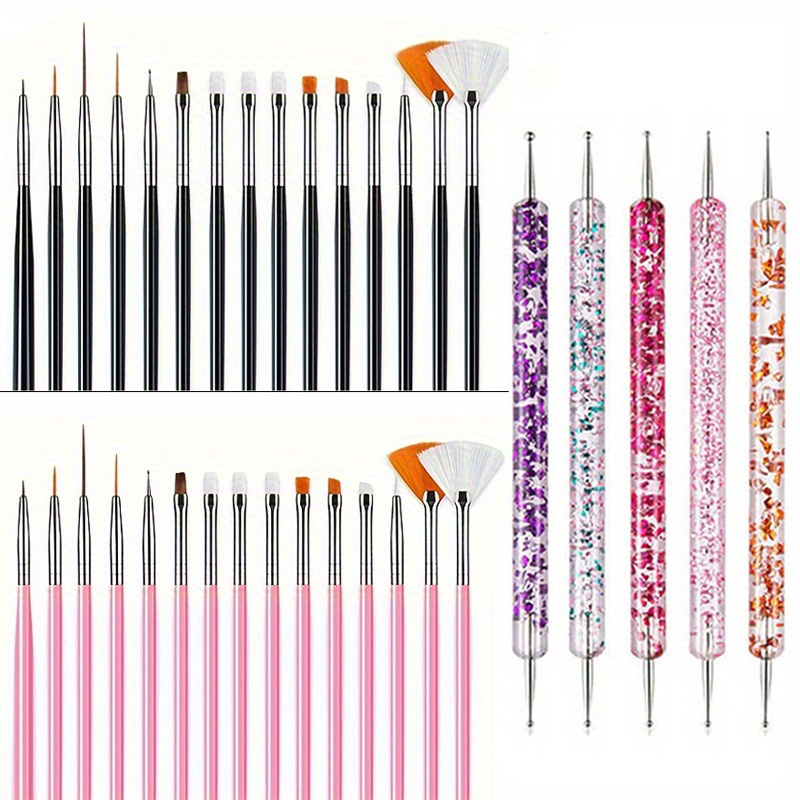 

20pcs Nail Art Brush Set With Dotting Tools & Silicone Pens - Unscented, Acrylic, Gel & Uv Polish Designs | Includes Brushes With Clear Handles & Patterned Handles For Creative