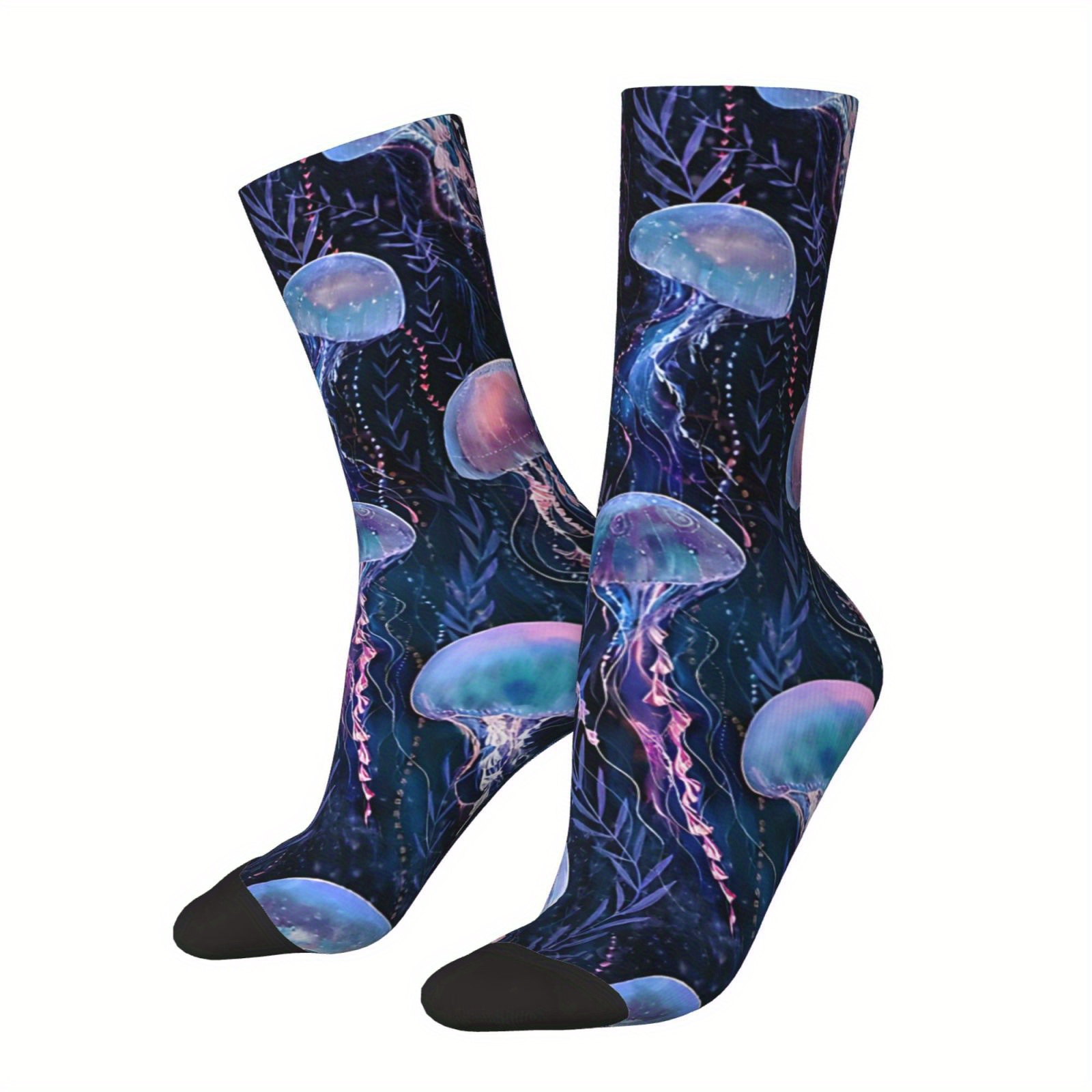 

1 Pair Men's Jellyfish Crew Socks – Knit Polyester Fabric With Elastane, Fit Seamless Design, Hand Washable – Magic Jellyfish Print Novelty Socks