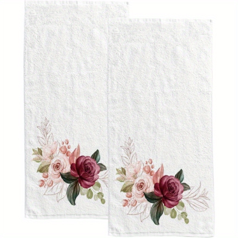 

2pcs Elegant Floral Hand Towels, 18x26 Inch - Polyester, Absorbent Towels With Pink And Burgundy For Bathroom, Kitchen, Spa, Salon Use, Bath Towels