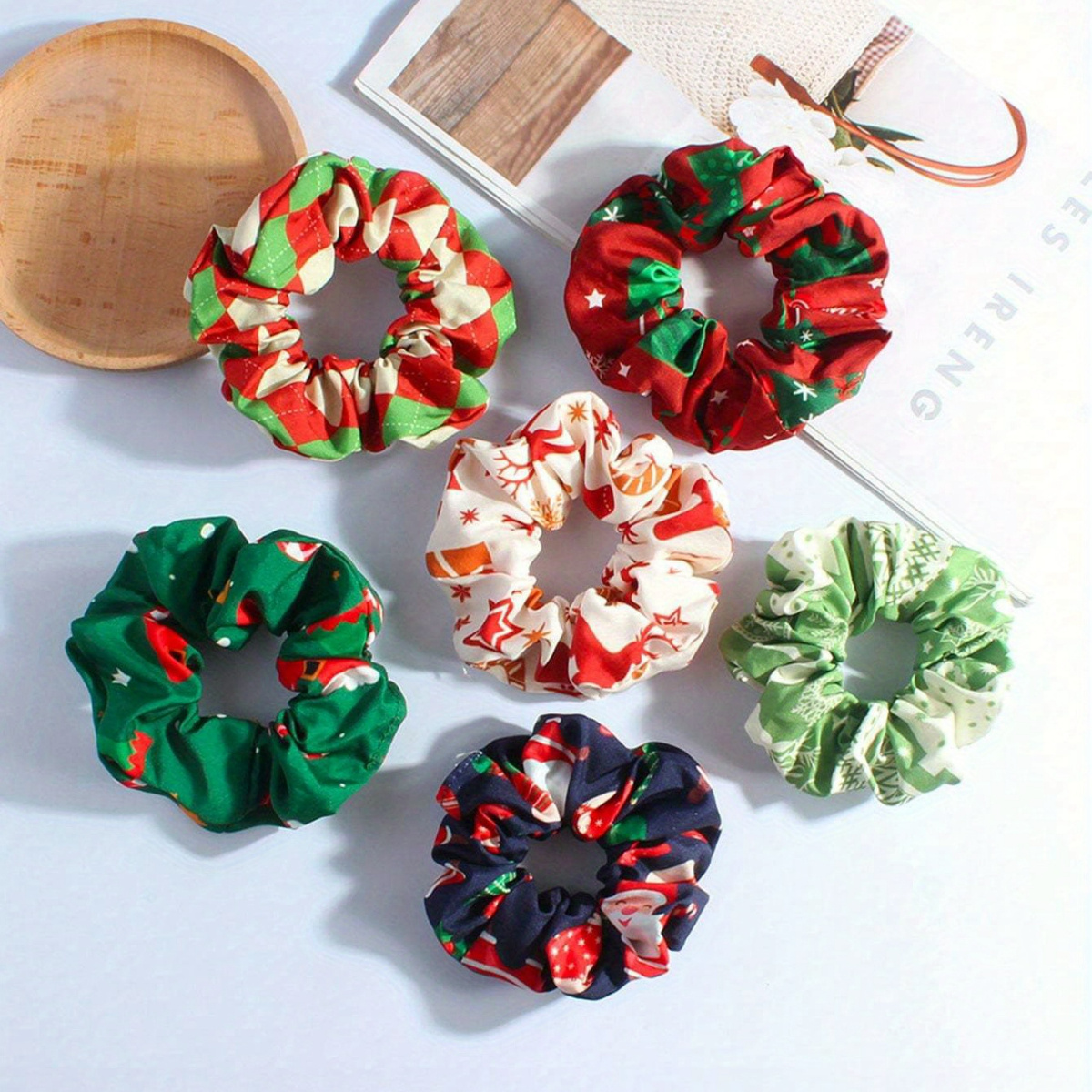 

6pcs Christmas Scrunchies - Elegant & Cute Hair Ties In Red, Green, And More -