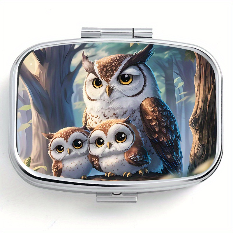 1pc Owl Pattern Printed Square Pill Box, 2 Compartment Pill Case, Pocket Or Purse Organizer Pill Holder For Pocket Wallet Travel Decorative Metal Medicine Vitamin Storage Box, Unique Gift