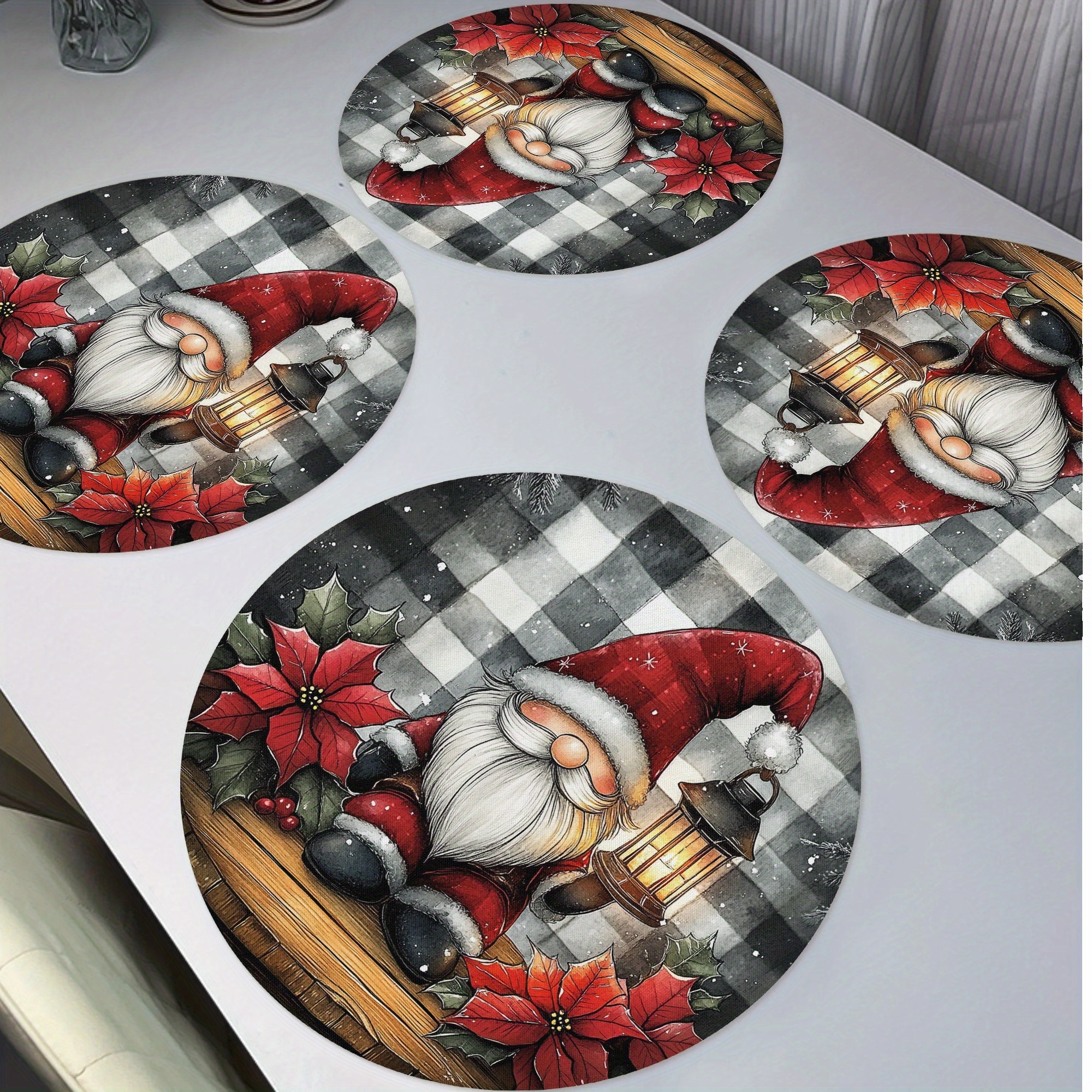 

4pcs Christmas Red Gnome Poinsettia Round Placemats, Black White Check Winter Seasonal Non-slip Washable Heat Resistant Table Mats Place Mats 15" For Party Kitchen Dining Christmas Decoration