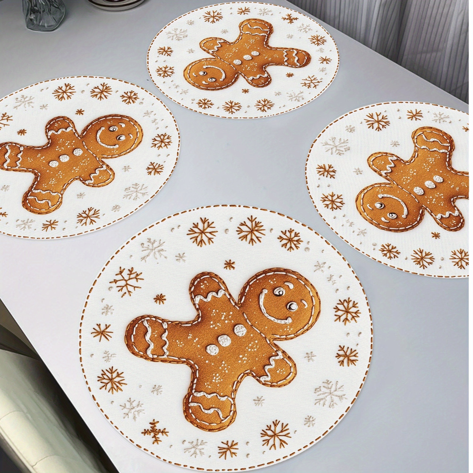 

4-pack Merry Christmas Gingerbread Man Placemats, 15" Round Polyester Table Mats, Snowflake Winter Seasonal, Non-slip, Washable, Heat Resistant, For Party Kitchen Dining Decor